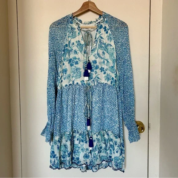 Hemant & Nandita Dresses | Nwt Hemant & Nandita Kaiyo Blue And White Floral Mini Dress | Color: Blue/White | Size: S | Nicolejnne's Closet